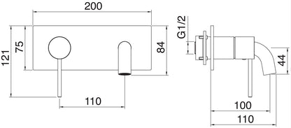 Rubinetterie Treemme 3M 40mm RWIT 13A7 IS BC + RWIT 51A5 ZZ 01 Rubinetto Lavabo Incasso 100 Muro 1 Leva Sinistra Meccanico 2 Fori Moderno Lunghezza 111 mm Piastra Orizzontale Staffa Cartongesso Acciaio Inox Spazzololato Opaco Parte Interna Esterna Incluse