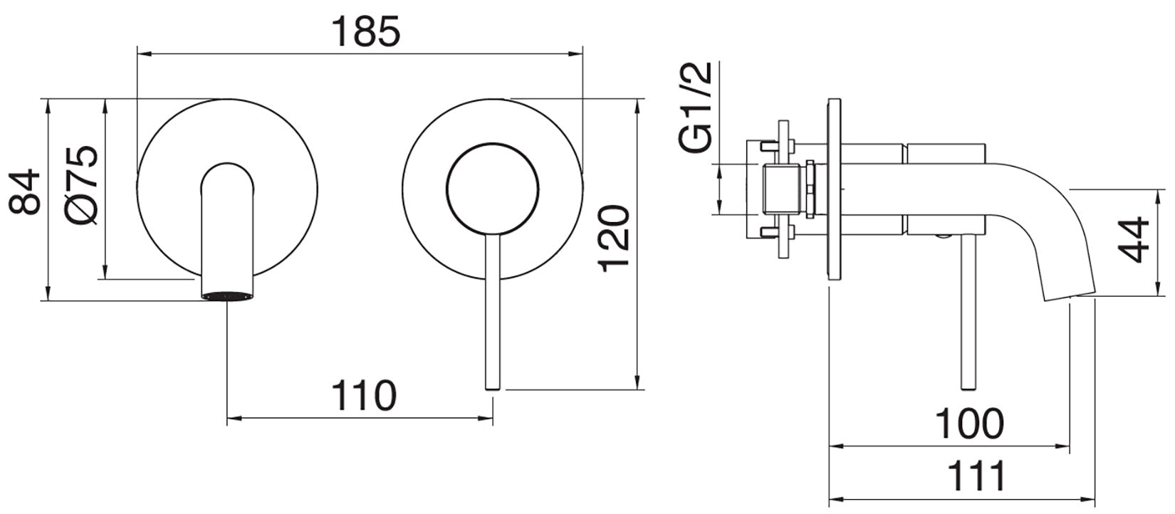 Rubinetterie Treemme 3M 40mm RWIT 13C5 IS BC + RWIT 51A5 ZZ 01 Miscelatore Lavabo Incasso 100 Muro 1 Leva Destra Meccanico 2 Fori Moderno Lunghezza 111 mm Orizzontale Staffa Cartongesso Acciaio Inox Spazzololato Opaco Parte Interna Esterna Incluse
