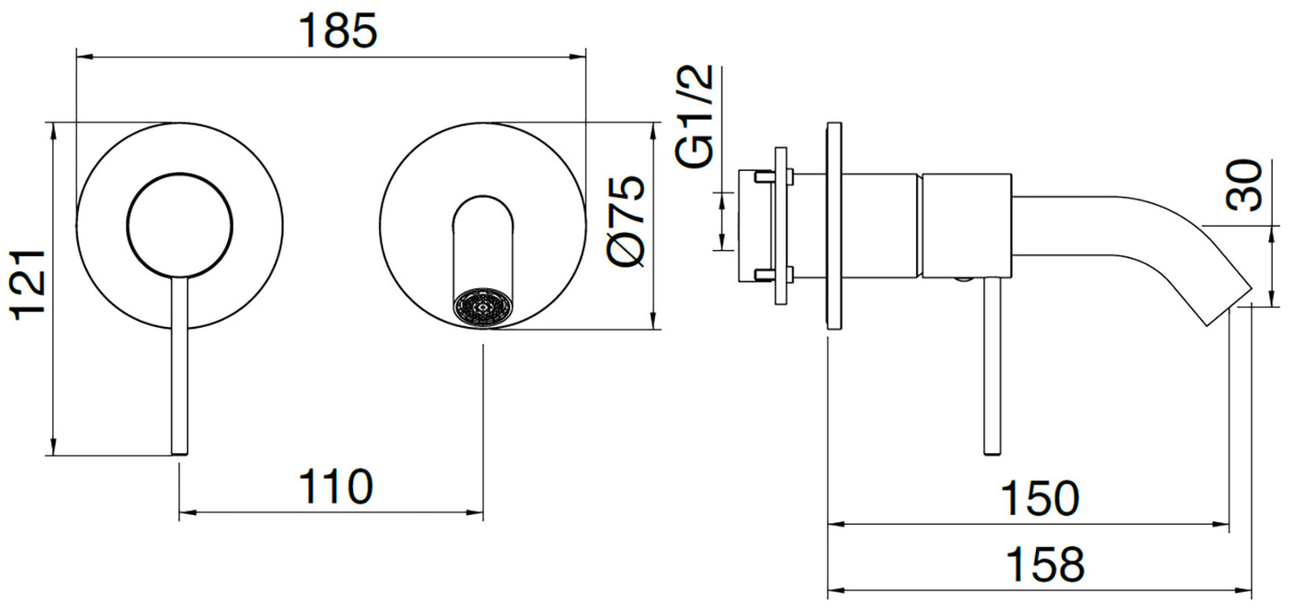 Rubinetterie Treemme 3M 40mm RWIT 13C7 IS 02 + RWIT 51A5 ZZ 01 Miscelatore Monocomando Lavabo Incasso 150 Muro 1 Leva SX 2 Fori Meccanico Moderno Lunghezza 158 mm Orizzontale Staffa Cartongesso Acciaio Inox Spazzolato Opaco Parte Interna Esterna Incluse