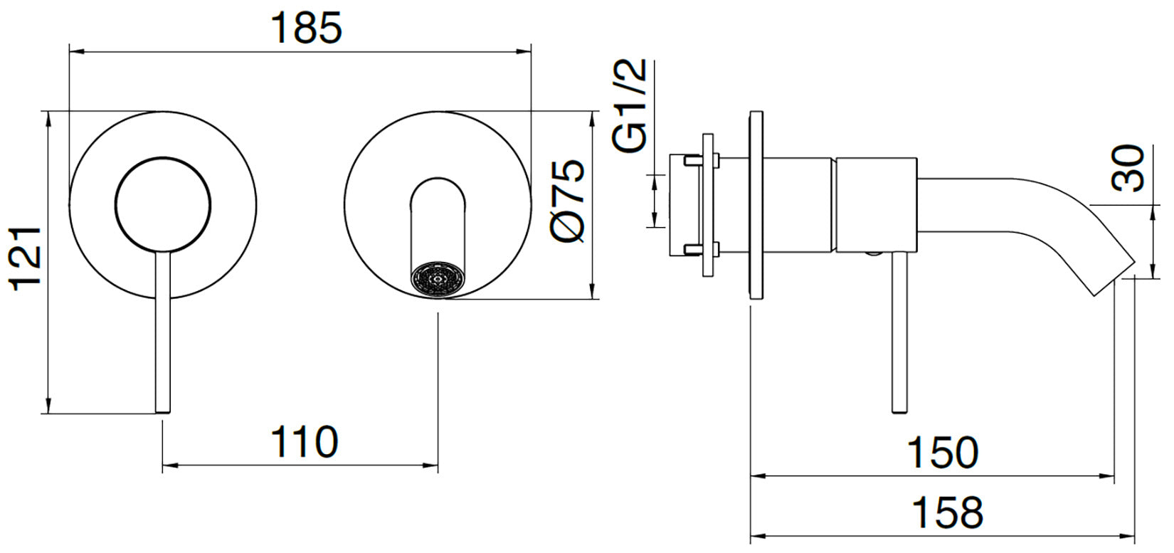 Rubinetterie Treemme 3M 40mm RWIT 13C7 IS 02 + RWIT 51A5 ZZ 01 Miscelatore Monocomando Lavabo Incasso 150 Muro 1 Leva SX 2 Fori Meccanico Moderno Lunghezza 158 mm Orizzontale Staffa Cartongesso Acciaio Inox Spazzolato Opaco Parte Interna Esterna Incluse