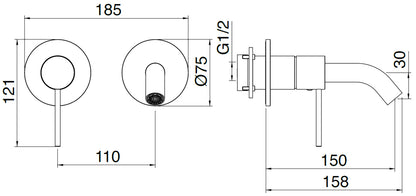 Rubinetterie Treemme 3M 40mm RWIT 13C7 IS 02 + RWIT 51A5 ZZ 01 Miscelatore Monocomando Lavabo Incasso 150 Muro 1 Leva SX 2 Fori Meccanico Moderno Lunghezza 158 mm Orizzontale Staffa Cartongesso Acciaio Inox Spazzolato Opaco Parte Interna Esterna Incluse