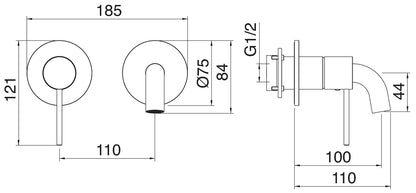 Rubinetterie Treemme 3M 40mm RWIT 13C7 IS BC + RWIT 51A5 ZZ 01 Miscelatore Lavabo Incasso 100 Muro 1 Leva Sinistra Meccanico 2 Fori Moderno Lunghezza 110 mm Orizzontale Staffa Cartongesso Acciaio Inox Spazzololato Opaco Parte Interna Esterna Incluse