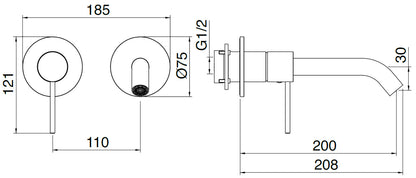 Rubinetterie Treemme 3M 40mm RWIT 13C9 IS 02 + RWIT 51A5 ZZ 01 Miscelatore Monocomando Lavabo Incasso 200 Muro 1 Leva SX 2 Fori Meccanico Moderno Lunghezza 208 mm Orizzontale Staffa Cartongesso Acciaio Inox Spazzolato Opaco Parte Interna Esterna Incluse