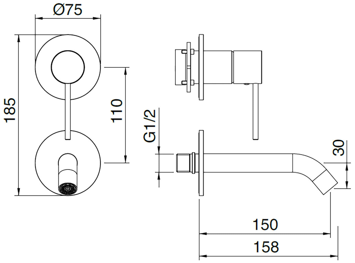 Rubinetterie Treemme 3M 40mm RWIT 13D2 IS 01 + RWIT 51A5 ZZ 01 Miscelatore Monocomando Lavabo Incasso 150 Muro 1 Leva 2 Fori Meccanico Moderno Lunghezza 158 mm Verticale Staffa Cartongesso Acciaio Inox Spazzolato Opaco Parte Interna Esterna Incluse