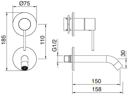 Rubinetterie Treemme 3M 40mm RWIT 13D2 IS 01 + RWIT 51A5 ZZ 01 Miscelatore Monocomando Lavabo Incasso 150 Muro 1 Leva 2 Fori Meccanico Moderno Lunghezza 158 mm Verticale Staffa Cartongesso Acciaio Inox Spazzolato Opaco Parte Interna Esterna Incluse