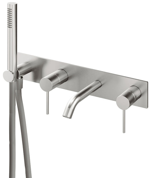 Rubinetterie Treemme 40MM Miscelatore Monocomando Esterno Vasca / Doccia Incasso A Parete 4 Fori Con Doccetta In Inox E Piastra Stile Moderno Materiale Acciaio Finitura Acciaio Spazzolato Opaco Inox Parte Interna Esterna Incluse