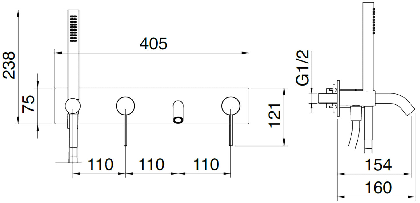 Rubinetterie Treemme 40MM Miscelatore Monocomando Esterno Vasca / Doccia Incasso A Parete 4 Fori Con Doccetta In Inox E Piastra Stile Moderno Materiale Acciaio Finitura Acciaio Spazzolato Opaco Inox Parte Interna Esterna Incluse