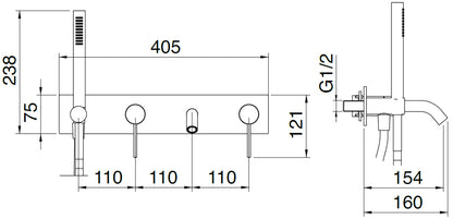 Rubinetterie Treemme 40MM Miscelatore Monocomando Esterno Vasca / Doccia Incasso A Parete 4 Fori Con Doccetta In Inox E Piastra Stile Moderno Materiale Acciaio Finitura Acciaio Spazzolato Opaco Inox Parte Interna Esterna Incluse