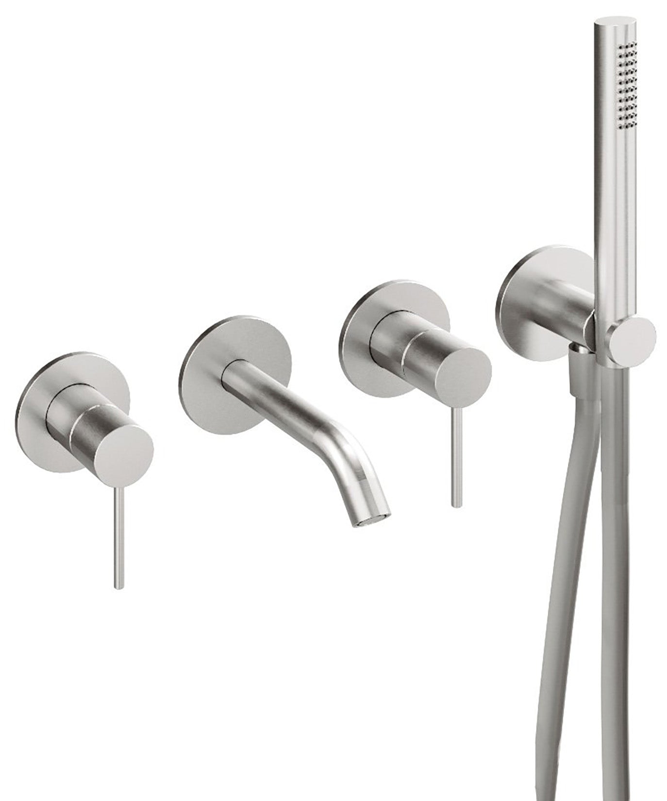 Rubinetterie Treemme 3M 40mm RWIT 13D8 IS 04 + RWIT 51D7 ZZ 12 Miscelatore Vasca / Doccia Incasso Parete Monocomando Meccanico 4 Fori Staffa Cartongesso Doccetta 2 Leve Stile Moderno Acciaio Inox Spazzolato Opaco Flex PVC Parte Interna Esterna Inclusa
