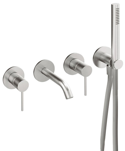 Rubinetterie Treemme 3M 40mm RWIT 13D8 IS 04 + RWIT 51D7 ZZ 12 Miscelatore Vasca / Doccia Incasso Parete Monocomando Meccanico 4 Fori Staffa Cartongesso Doccetta 2 Leve Stile Moderno Acciaio Inox Spazzolato Opaco Flex PVC Parte Interna Esterna Inclusa
