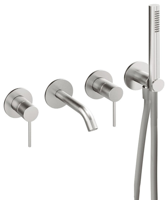 Rubinetterie Treemme 3M 40mm RWIT 13D8 IS 04 + RWIT 51D7 ZZ 12 Miscelatore Vasca / Doccia Incasso Parete Monocomando Meccanico 4 Fori Staffa Cartongesso Doccetta 2 Leve Stile Moderno Acciaio Inox Spazzolato Opaco Flex PVC Parte Interna Esterna Inclusa