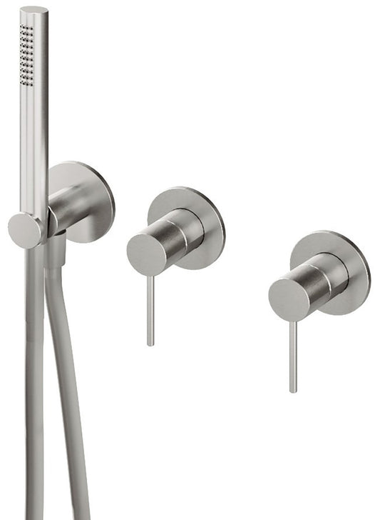 Rubinetterie Treemme 3M 40mm RWIT 13D9 IS 01 + RWIT 51D9 ZZ 01 Miscelatore Vasca / Doccia Incasso Parete Monocomando Meccanico 3 Fori Staffa Cartongesso Doccetta 2 Leve Moderno Acciaio Inox Spazzolato Opaco Flex PVC Parte Interna Esterna Inclusa
