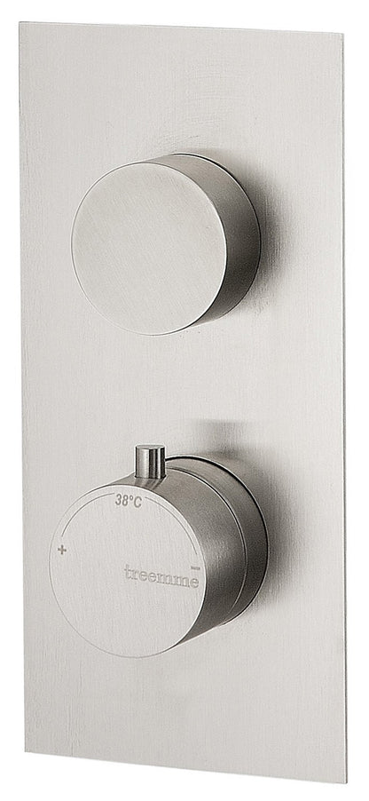 Rubinetterie Treemme 3M 40mm RWIT 8A46 IS 03 + RWIT 8A46 ZZ 20 Miscelatore Termostatico Doccia Incasso Parete Deviatore 2 Uscite 2 Fori Con Piastra Staffa Cartongesso Stile Moderno Acciaio Inox Spazzolato Opaco Parte Interna Esterna Incluse
