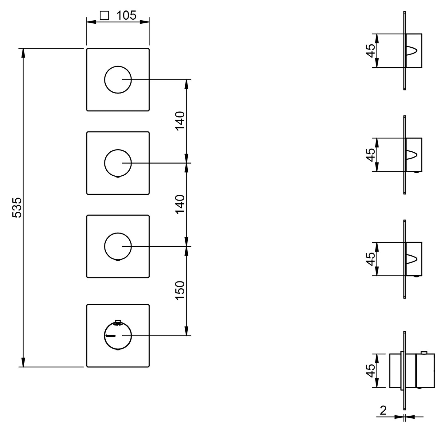 Rubinetterie Treemme 3M 5MM RWIT 2575 IS 01 + RWIT 7275 ZZ 40 Miscelatore Termostatico Doccia Incasso Parete 3 Vie 4 Fori Senza Piastra Doppio Orientamento Stile Moderno Acciaio Inox Spazzolato Opaco Parte Interna Esterna Incluse