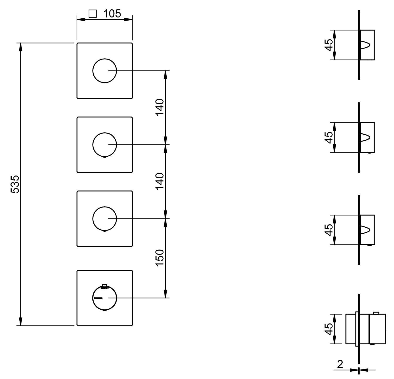 Rubinetterie Treemme 3M 5MM RWIT 2575 IS 01 + RWIT 7275 ZZ 40 Miscelatore Termostatico Doccia Incasso Parete 3 Vie 4 Fori Senza Piastra Doppio Orientamento Stile Moderno Acciaio Inox Spazzolato Opaco Parte Interna Esterna Incluse