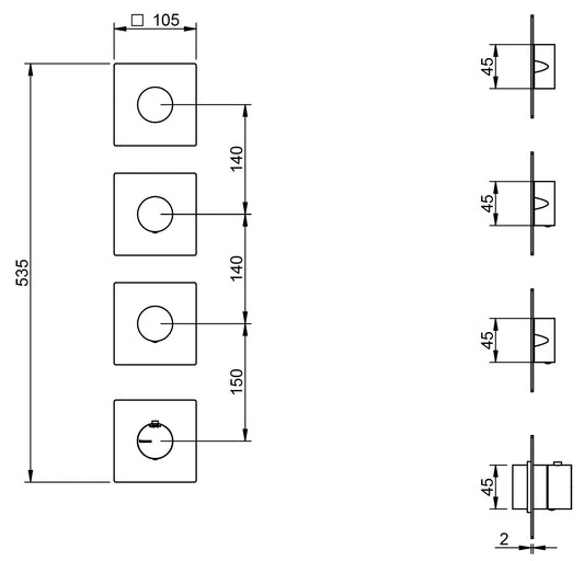 Rubinetterie Treemme 3M 5MM RWIT 2575 IS 01 + RWIT 7275 ZZ 40 Miscelatore Termostatico Doccia Incasso Parete 3 Vie 4 Fori Senza Piastra Doppio Orientamento Stile Moderno Acciaio Inox Spazzolato Opaco Parte Interna Esterna Incluse