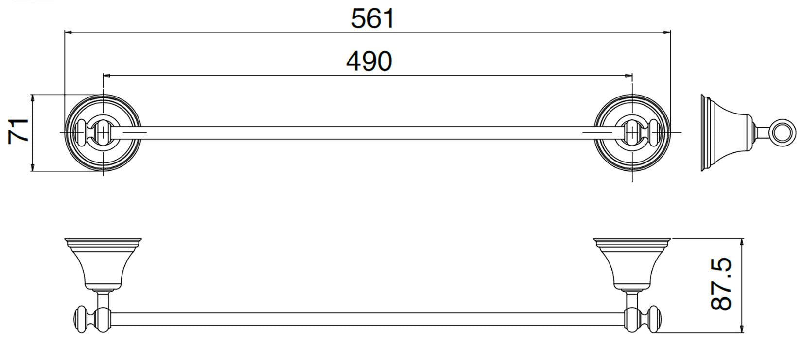 Rubinetterie Treemme 3M 8200 IT 8205 CC ZZ ZZ Portasalviette Per Bagno Installazione A Parete Forma Tonda Stile Classico Lunghezza 561 mm Profondità 87,5 mm Materiale Ottone Finitura Cromata