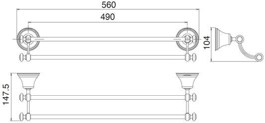 Rubinetterie Treemme 3M 8200 IT 8220 CC ZZ ZZ Portasalviette Doppio Per Bagno Installazione A Parete Forma Tonda Stile Classico Lunghezza 560 mm Profondità 147,5 mm Materiale Ottone Finitura Cromata