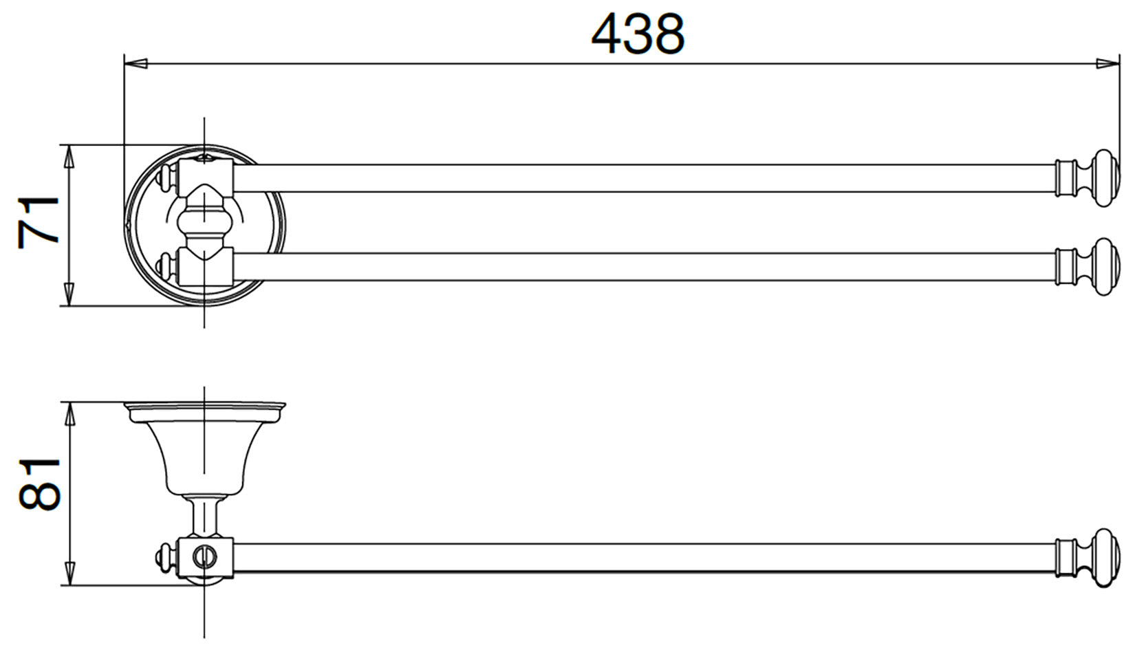 Rubinetterie Treemme 3M 8200 IT 8222 CC ZZ ZZ Portasalviette Mobile Doppio a Snodo Bandiera Girevole Per Bagno Installazione A Parete Forma Tonda Stile Classico Lunghezza 438 mm Profondità 81 mm Materiale Ottone Finitura Cromata
