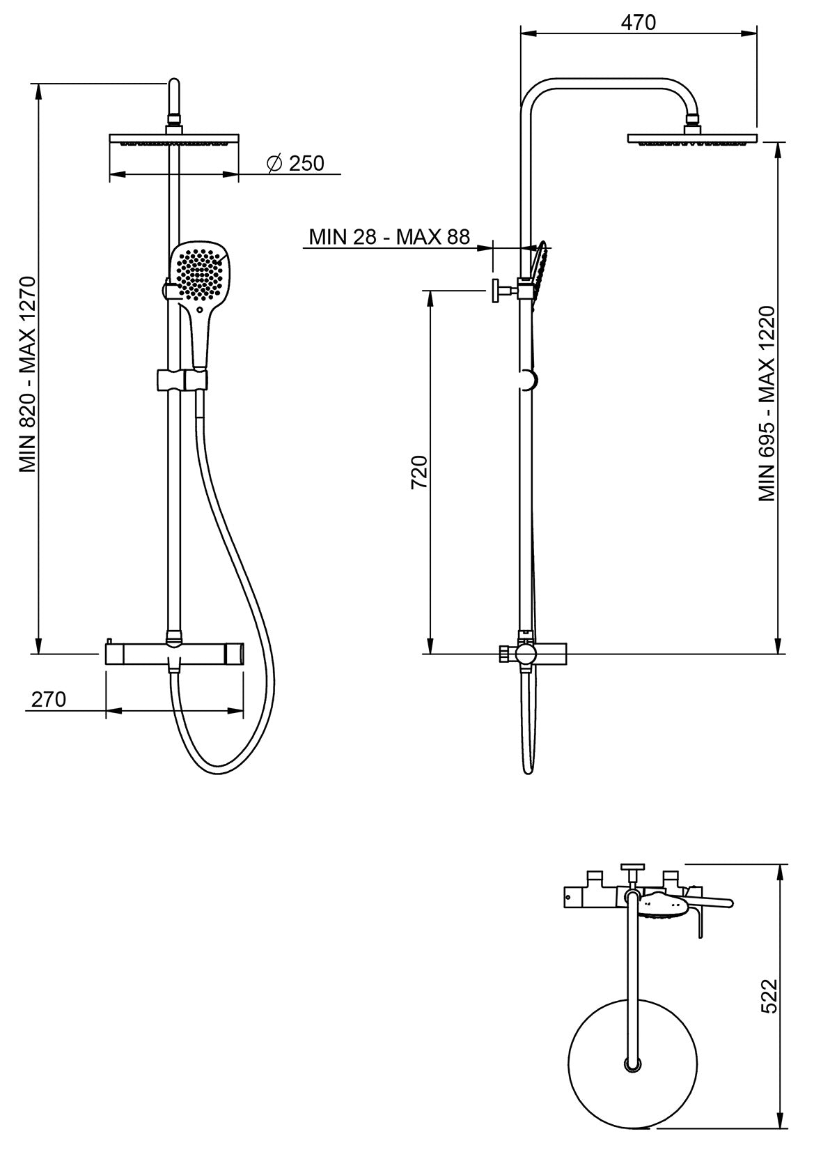 Rubinetterie Treemme 3M Contract Bamboo IT 5060 CC BM ZZ Colonna Gruppo Doccia Multifunzione Miscelatore Meccanico Ottone Cromato Doccetta Rotonda ABS Soffione Tondo Diametro Ø 250 mm Anticalcare Flessibile PVC 1,5 Metri Montaggio Muro