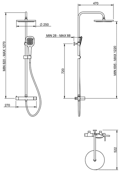 Rubinetterie Treemme 3M Contract Bamboo IT 5060 CC BM ZZ Colonna Gruppo Doccia Multifunzione Miscelatore Meccanico Ottone Cromato Doccetta Rotonda ABS Soffione Tondo Diametro Ø 250 mm Anticalcare Flessibile PVC 1,5 Metri Montaggio Muro
