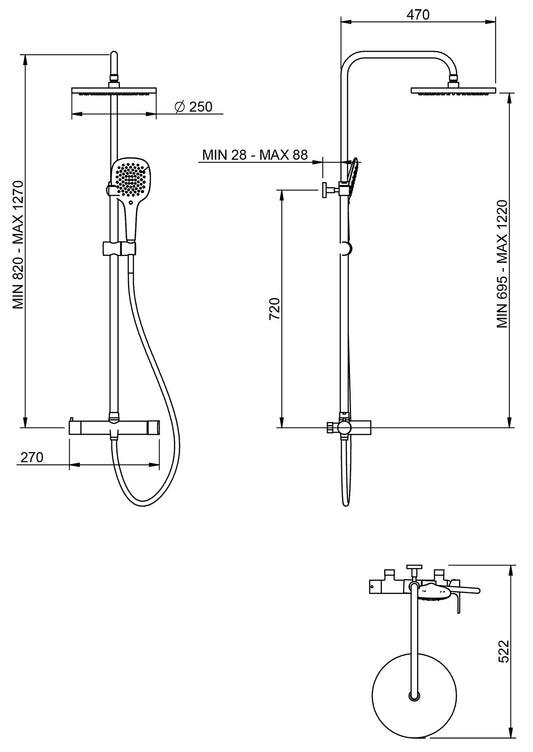 Rubinetterie Treemme 3M Contract Bamboo IT 5060 CC BM ZZ Colonna Gruppo Doccia Multifunzione Miscelatore Meccanico Ottone Cromato Doccetta Rotonda ABS Soffione Tondo Diametro Ø 250 mm Anticalcare Flessibile PVC 1,5 Metri Montaggio Muro