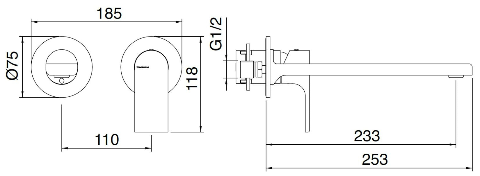 Rubinetterie Treemme 3M Bamboo RWIT 50C6 CC 01 + RWIT 51A5 ZZ 01 Miscelatore Monocomando Lavabo Incasso 233 Completo Parete 1 Leva 2 Fori Miscelazione Meccanica Moderno Lunghezza Bocca 253 mm Ottone Cromato Parte Interna Esterna Incluse