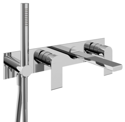 Rubinetterie Treemme 3M Bamboo RWIT 50D7 CC 01 + RWIT 51D7 ZZ 12 Miscelatore Vasca / Doccia Incasso Muro Monocomando Meccanico Parte Interna Esterna Inclusa 4 Fori Piastra Staffa Cartongesso Ottone Cromo 2 Leve Moderno Doccetta Metallo Flessibile PVC