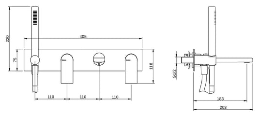 Rubinetterie Treemme 3M Bamboo RWIT 50D7 CC 01 + RWIT 51D7 ZZ 12 Miscelatore Vasca / Doccia Incasso Muro Monocomando Meccanico Parte Interna Esterna Inclusa 4 Fori Piastra Staffa Cartongesso Ottone Cromo 2 Leve Moderno Doccetta Metallo Flessibile PVC