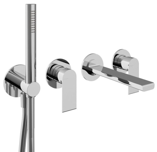 Rubinetterie Treemme 3M Bamboo RWIT 50D8 CC 01 + RWIT 51D7 ZZ 12 Miscelatore Vasca / Doccia Incasso Muro Monocomando Meccanico Parte Interna Esterna Inclusa 4 Fori Staffa Cartongesso Ottone Cromo 2 Leve Stile Moderno Doccetta Metallo Flessibile PVC