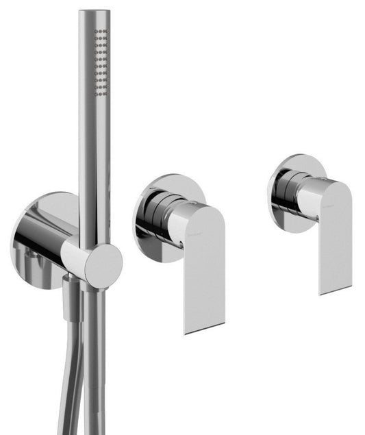 Rubinetterie Treemme 3M Bamboo RWIT 50D9 CC 01 + RWIT 51D9 ZZ 01 Miscelatore Vasca / Doccia Incasso Muro Monocomando Meccanico Parte Interna Esterna Inclusa 3 Fori Staffa Cartongesso Ottone Cromo 2 Leve Stile Moderno Doccetta Metallo Flessibile PVC