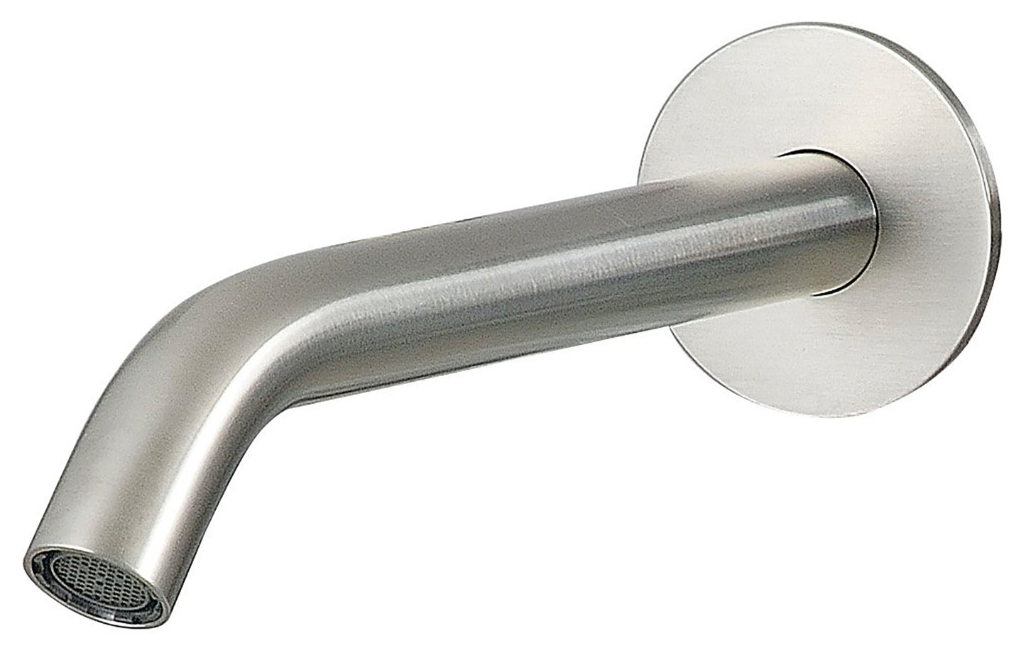 Rubinetterie Treemme 3M Electronic Washbasin Tap IT 1361 IS ZZ ZZ Bocca a Muro 200 mm Getto Erogazione Uscita Acqua Installazione Parete Stile Moderno Forma Tondo Monoforo Acciaio Inox Spazzolato Opaco Lunghezza 208 mm Portata 6 Litri Al Minuto