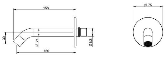 Rubinetterie Treemme 3M Electronic Washbasin Tap IT 1363 IS ZZ ZZ Bocca a Muro 150 mm Getto Erogazione Uscita Acqua Installazione Parete Stile Moderno Forma Tondo Monoforo Acciaio Inox Spazzolato Opaco Lunghezza 158 mm Portata 6 Litri Al Minuto
