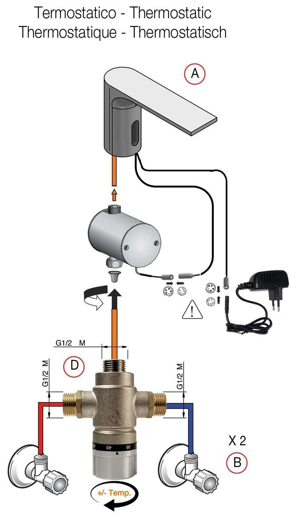 Rubinetterie Treemme 3M Electronic Washbasin Tap IT 2215 CC ZZ EL + IT 0480 CC ZZ ZZ + IT RTMT 142 CC Rubinetto Elettronico Con Fotocellula Per Lavabo Alimentazione Elettrica Termostatico 2 Arresti 1 Snodo Altezza 105 mm Lunghezza 168 mm Ottone Cromato