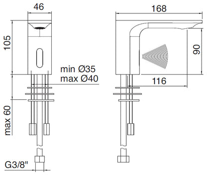 Rubinetterie Treemme 3M Electronic Washbasin Tap IT 2215 CC ZZ EL + IT 0480 CC ZZ ZZ + IT RTRB 190 CC Rubinetto Elettronico Con Fotocellula Per Lavabo Alimentazione Elettrica Meccanico 2 Arresti 1 Snodo Altezza 105 mm Lunghezza 168 mm Ottone Cromato