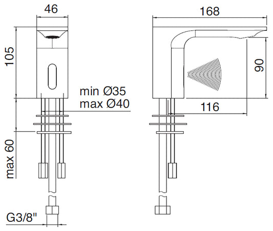 Rubinetterie Treemme 3M Electronic Washbasin Tap IT 2215 CC ZZ EL + IT 0480 CC ZZ ZZ + IT RTMT 142 CC Rubinetto Elettronico Con Fotocellula Per Lavabo Alimentazione Elettrica Termostatico 2 Arresti 1 Snodo Altezza 105 mm Lunghezza 168 mm Ottone Cromato