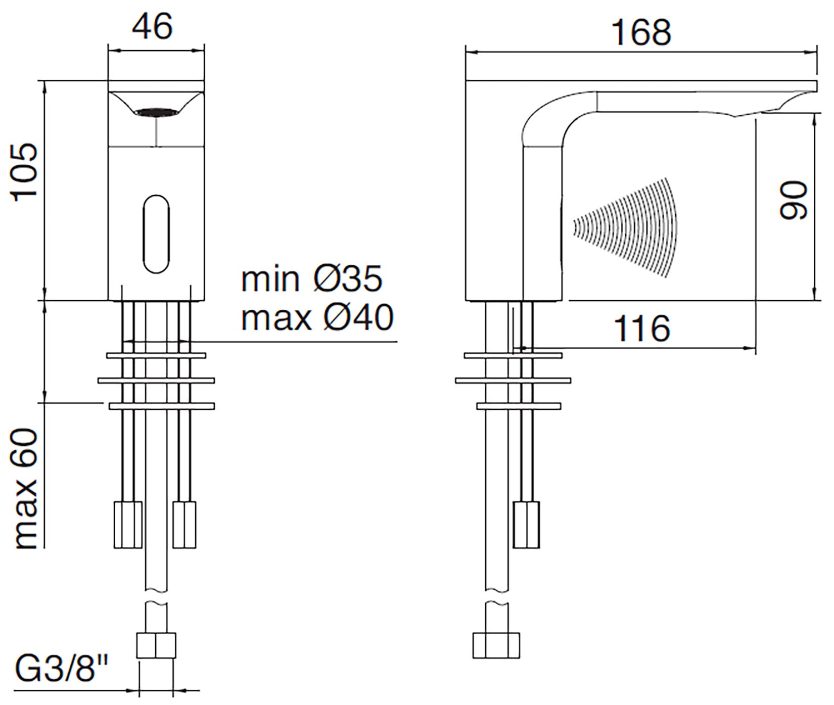 Rubinetterie Treemme 3M Electronic Washbasin Tap IT 2215 CC ZZ ZZ + IT 0480 CC ZZ ZZ Rubinetto Elettronico Con Fotocellula Per Lavabo Batteria Standard Solo Acqua Fredda Arresto Filtro Altezza 105 mm Lunghezza 168 mm Ottone Cromo Senza Piletta di Scarico