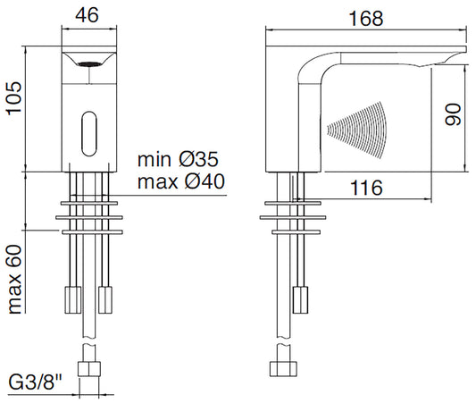 Rubinetterie Treemme 3M Electronic Washbasin Tap IT 2215 CC ZZ ZZ + IT 0480 CC ZZ ZZ Rubinetto Elettronico Con Fotocellula Per Lavabo Batteria Standard Solo Acqua Fredda Arresto Filtro Altezza 105 mm Lunghezza 168 mm Ottone Cromo Senza Piletta di Scarico