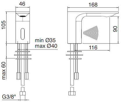 Rubinetterie Treemme 3M Electronic Washbasin Tap IT 2215 CC ZZ ZZ + IT 0480 CC ZZ ZZ + IT RTMT 142 CC Rubinetto Elettronico Con Fotocellula Per Lavabo Batteria Termostatico 2 Arresti 1 Snodo Appoggio Monoforo Altezza 105 mm Lunghezza 168 mm Ottone Cromo