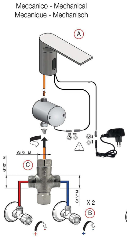 Rubinetterie Treemme 3M Electronic Washbasin Tap IT 22A1 CC ZZ EL + IT 0480 CC ZZ ZZ + IT RTRB 190 CC Rubinetto Elettronico Con Fotocellula Per Lavabo Alimentazione Elettrica Meccanico 2 Arresti 1 Snodo Lunghezza 180 mm Altezza 270 mm Ottone Cromato