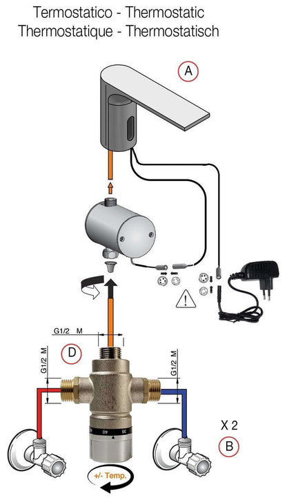 Rubinetterie Treemme 3M Electronic Washbasin Tap IT 22A1 CC ZZ EL + IT 0480 CC ZZ ZZ + IT RTMT 142 CC Rubinetto Elettronico Con Fotocellula Per Lavabo Alimentazione Elettrica Termostatico 2 Arresti 1 Snodo Lunghezza 180 mm Altezza 270 mm Ottone Cromato