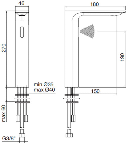 Rubinetterie Treemme 3M Electronic Washbasin Tap IT 22A1 CC ZZ EL + IT 0480 CC ZZ ZZ + IT RTRB 190 CC Rubinetto Elettronico Con Fotocellula Per Lavabo Alimentazione Elettrica Meccanico 2 Arresti 1 Snodo Lunghezza 180 mm Altezza 270 mm Ottone Cromato