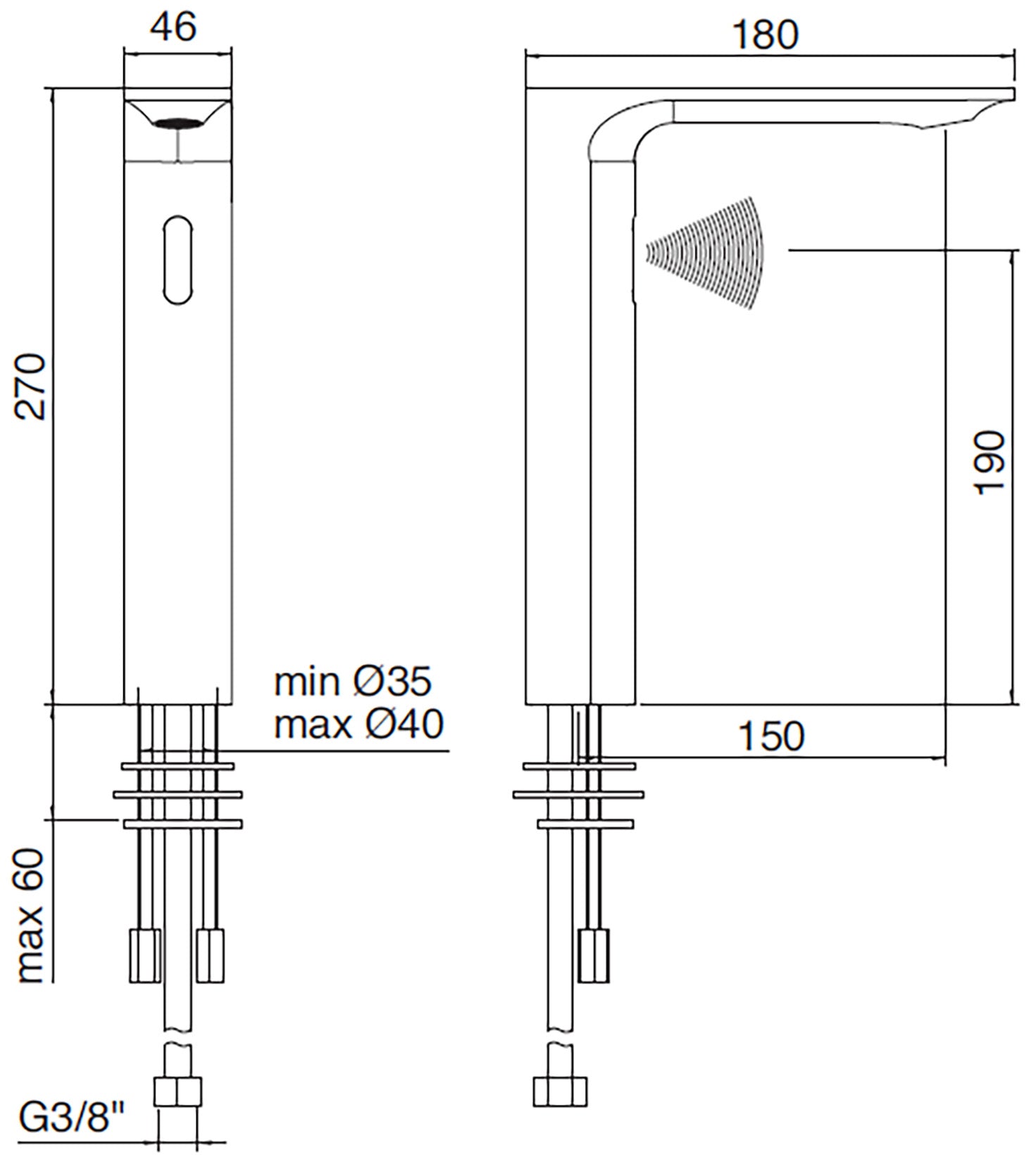Rubinetterie Treemme 3M Electronic Washbasin Tap IT 22A1 CC ZZ EL + IT 0480 CC ZZ ZZ + IT RTMT 142 CC Rubinetto Elettronico Con Fotocellula Per Lavabo Alimentazione Elettrica Termostatico 2 Arresti 1 Snodo Lunghezza 180 mm Altezza 270 mm Ottone Cromato