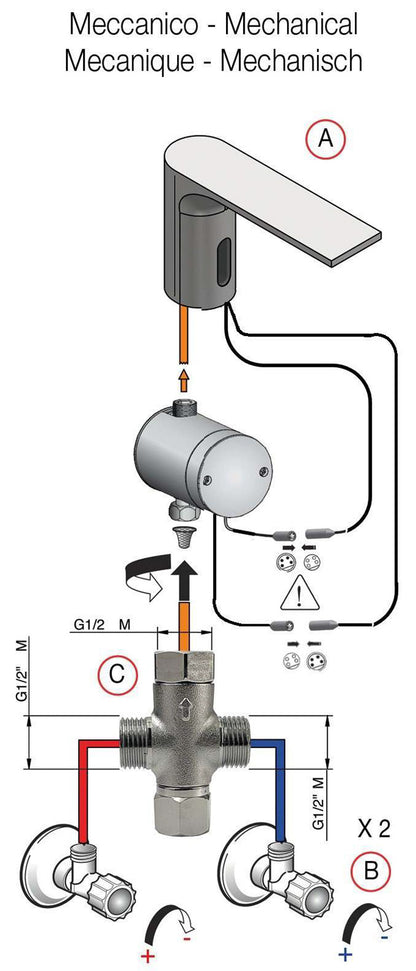 Rubinetterie Treemme 3M Electronic Washbasin Tap IT 22A1 CC ZZ ZZ + IT 0480 CC ZZ ZZ + IT RTRB 190 CC Rubinetto Elettronico Con Fotocellula Per Lavabo Batteria Meccanico 2 Arresti 1 Snodo Appoggio Monoforo Lunghezza 180 mm Altezza 270 mm Ottone Cromo