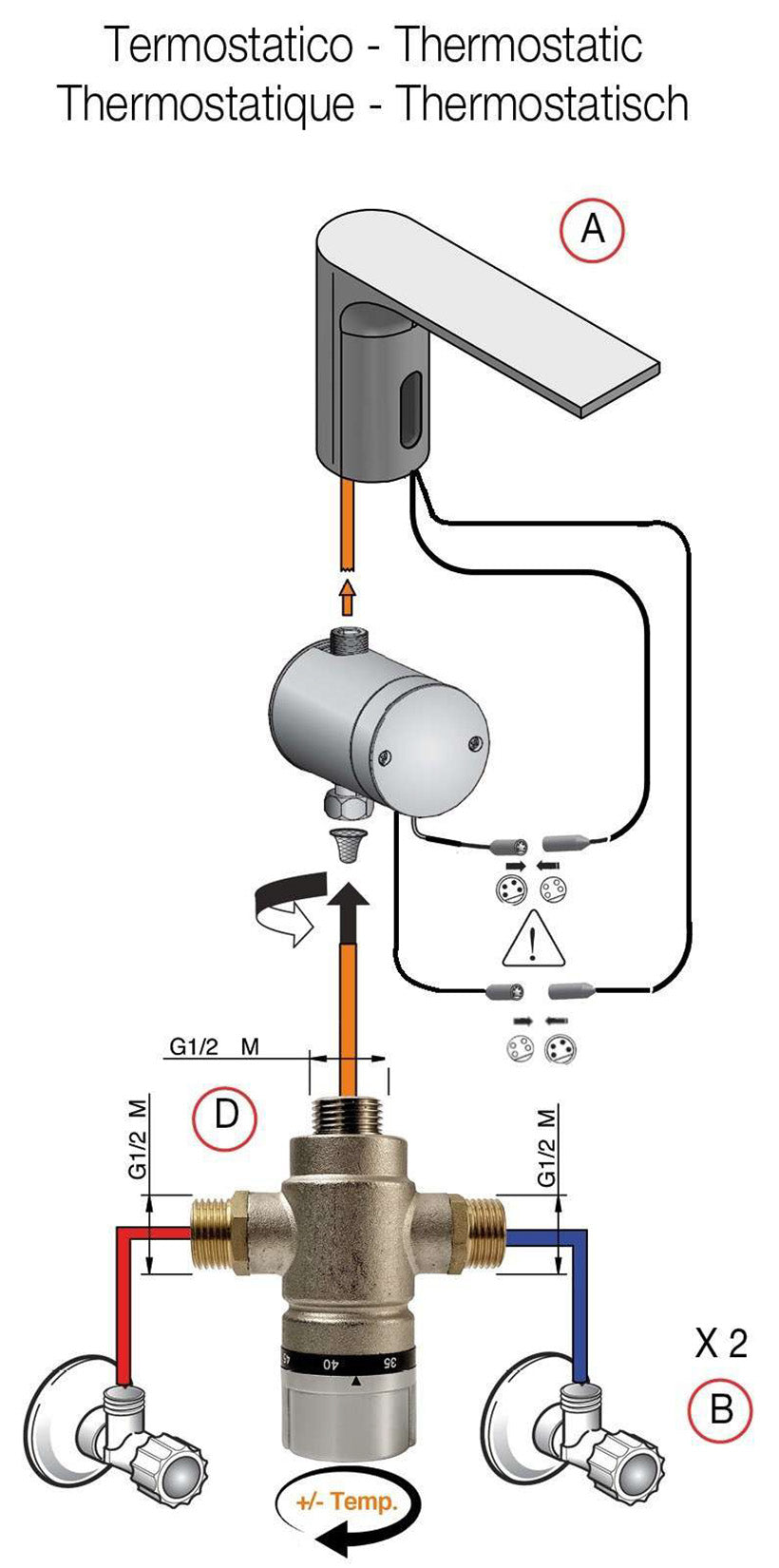 Rubinetterie Treemme 3M Electronic Washbasin Tap IT 22A1 CC ZZ ZZ + IT 0480 CC ZZ ZZ + IT RTMT 142 CC Rubinetto Elettronico Con Fotocellula Per Lavabo Batteria Termostatico 2 Arresti 1 Snodo Appoggio Monoforo Lunghezza 180 mm Altezza 270 mm Ottone Cromo