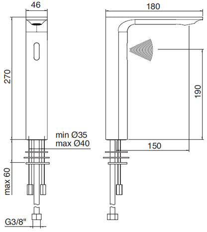 Rubinetterie Treemme 3M Electronic Washbasin Tap IT 22A1 CC ZZ ZZ + IT 0480 CC ZZ ZZ + IT RTMT 142 CC Rubinetto Elettronico Con Fotocellula Per Lavabo Batteria Termostatico 2 Arresti 1 Snodo Appoggio Monoforo Lunghezza 180 mm Altezza 270 mm Ottone Cromo