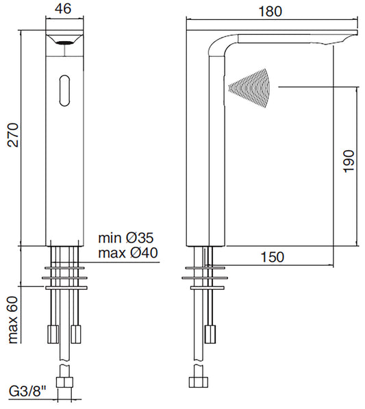 Rubinetterie Treemme 3M Electronic Washbasin Tap IT 22A1 CC ZZ ZZ + IT 0480 CC ZZ ZZ + IT RTMT 142 CC Rubinetto Elettronico Con Fotocellula Per Lavabo Batteria Termostatico 2 Arresti 1 Snodo Appoggio Monoforo Lunghezza 180 mm Altezza 270 mm Ottone Cromo