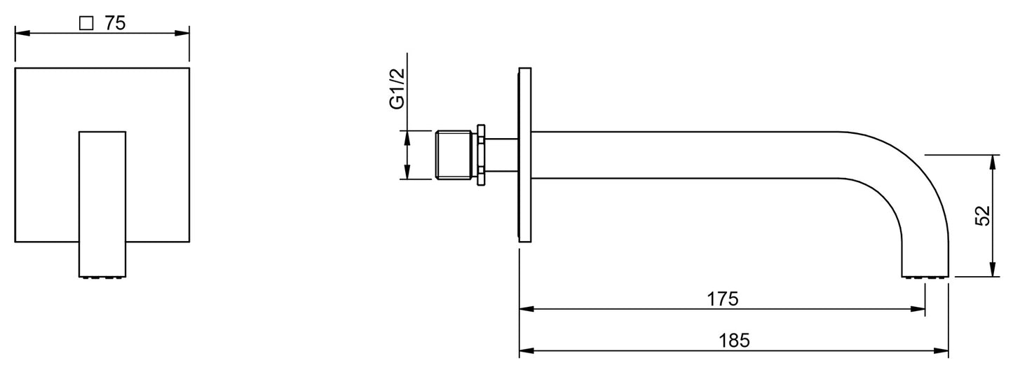 Rubinetterie Treemme 3M Electronic Washbasin Tap IT 7663 CC ZZ ZZ Bocca a Muro 175 mm Getto di Erogazione Uscita Acqua Installazione a Parete Materiale Ottone Finitura Cromata Stile Moderno Forma Quadra Monoforo Lunghezza 185 mm Altezza 52 mm