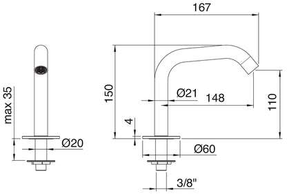 Rubinetterie Treemme 3M RWIT 1310 IS 10 Electronic Washbasin Tap Bocca Lavabo Da Piano 110 mm Getto di Erogazione Uscita Acqua Installazione Ad Appoggio Stile Moderno Forma Tonda Monoforo Altezza 150 mm Lunghezza 167 mm Acciaio Inox Spazzolato Opaco