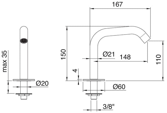Rubinetterie Treemme 3M RWIT 1310 IS 10 Electronic Washbasin Tap Bocca Lavabo Da Piano 110 mm Getto di Erogazione Uscita Acqua Installazione Ad Appoggio Stile Moderno Forma Tonda Monoforo Altezza 150 mm Lunghezza 167 mm Acciaio Inox Spazzolato Opaco